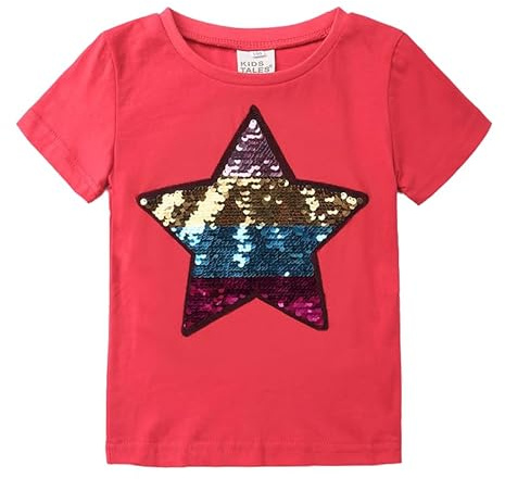 Camiseta para niños con lentejuelas y manga corta de algodón con estampado adecuado para niños y niñas de 3 a 9 años, 3-Roja, 3-4 a�os