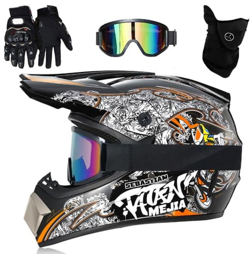 Casco da Motocross, Casco Integrale Per Bambini E Adulti, Set di Caschi da Moto MTB, Scooter, Downhill, Enduro, con Guanti, Occhiali E Maschera, Omologato DOT(Flowers orange,XL (58-59cm))