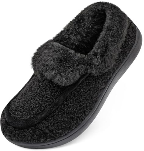 BARERUN Womens Fuzzy Slippers Warm Faux Fur Collar Slipper Boots for Women Wide Toe House Shoes Slip-On Moccasin Camping Slippers with Non Slip Rubber Sole Indoor/Outdoor Black 9.5 Wide
