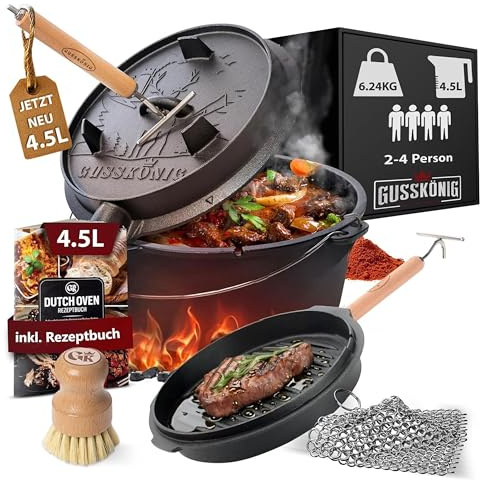 GUSSKÖNIG Dutch Oven Set–Eingebrannter Dutch Oven 4,5L [2–4 Person]–Feuertopf Gusseisen mit Füßen–Schmortopf Doppelfunktion–inkl. 2in1 Deckelheber,Ringreiniger,Bürste & Rezeptbuch-30 Jahre Garantie