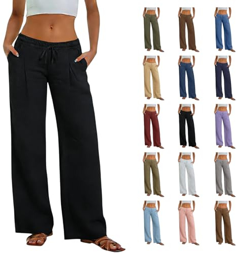 Womens Trousers Summer Casual Wide Leg Linen Trousers With Pockets 2026 Fashion Holiday Beach Palazzo Pants Elasticated Waist Loose Work Yoga Lounge Pants Womens Clothes Plus Size Ladies Linen Bottoms