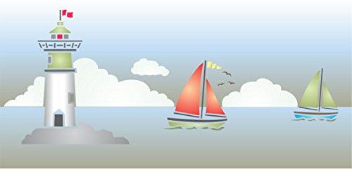 Leuchtturm-Schablone, 30,5 x 12,5 cm, wiederverwendbar, Meer, Ozean, nautisches Segelboot, Bordüre