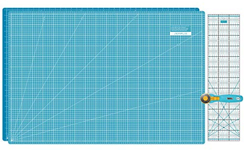 SEMPLIX Skärmattor set – skärunderlag 90 x 60 cm (A1), rullskärare Maxi 45 mm, patchwork linjal 60 x 15 cm (turkos/petrol)