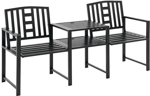 Outsunny Panchina da Giardino Moderna 2 Posti con Tavolino e Foro per Ombrellone Arredamento da Esterno 165x56x85.5cm Nero