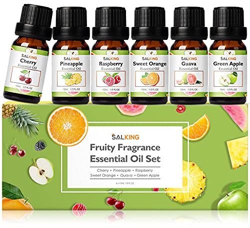 SALKING Fruity Fragrance Essential Oils Set 6 x 10ML, Essential Oil Gift Set Scented Oils for Diffuser Candle Making - Pineapple,Guava,Raspberry,Green Apple,Orange,Cherry