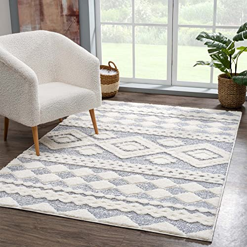 carpet city Teppich Hochflor Wohnzimmer - 140x200 cm - Landhaus-Stil Ethno Grau Creme - Cut-Loop, Hochtief, 3D-Effekt - Shaggy Teppiche Flauschig-Weich Schlafzimmer Langflor