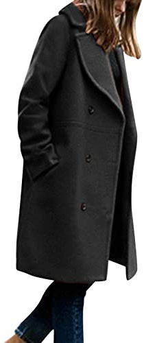L9WEI Abrigo largo de felpa para mujer, elegante, monocolor, abrigo de invierno, cálido, con bolsillos, gabardina informal, ropa de exterior, Negro , S