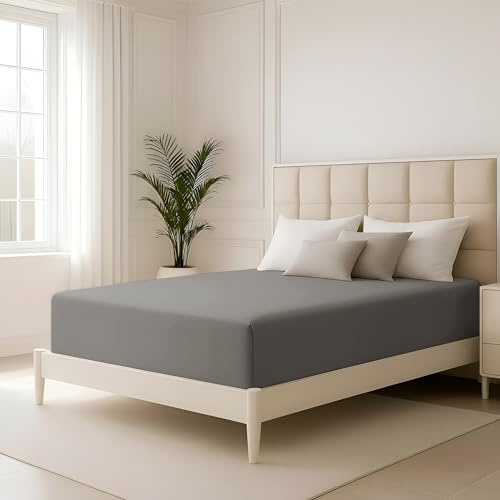 Hafaa Double Fitted Sheet Grey Bedding 40 Cm Extra Deep Pocket Bed Sheets Soft Brushed Microfiber Fabric, Elastic Corners Breathable Shrinkage Fade-Resistant Bedsheets