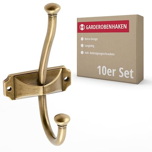 Gedotec Garderoben-Haken aus Metall | 10 Stück | Oberfläche: Messing antik - Länge: 134 mm - Breite: 66,5 mm | ANTON | Vintage Stil | Kleiderhaken für zu Hause | Garderobenleiste