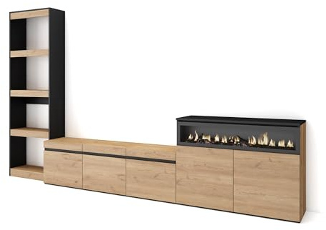 Skraut Home | Muebles de Salón para TV | Conjunto de Muebles Comedor | 310x186x35cm | para TV hasta 65 | Chimenea eléctrica | Estilo Moderno | Roble y Negro