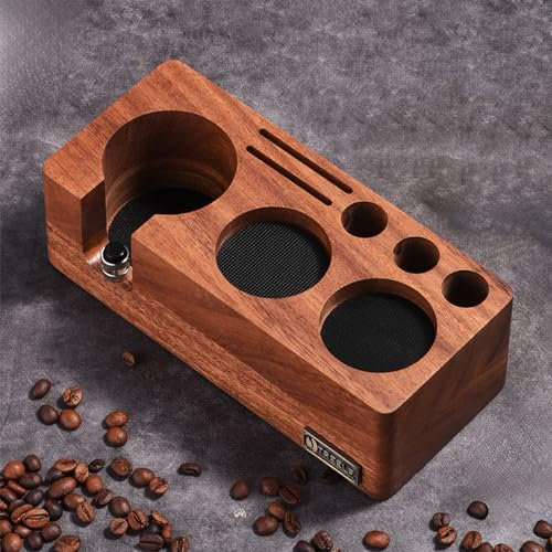 LingTing ​Estación de Prenado Espresso 51/54MM en Nogal Macizo - Base Anti-Presión para Cafetera Profesional, Organizador de Encimera con Soporte para Tamper​​