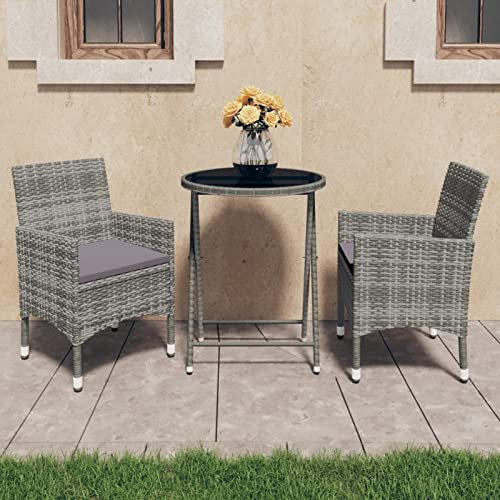 ZEYUAN 3-TLG. Bistro-set, bistrobord med 2 stolar, trädgårdsset bord och stolar, balkongbord litet bistroset, poly rotting och härdat glas grå
