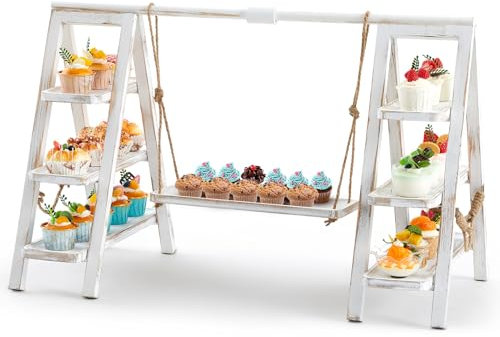 Wooden 3 Tier Swing Cupcake Stand with Serving Platter 20x30 Foldable Ladder Stand Dessert Display Cake Snack Fruit Bread Centerpieces for Party, Birthday, Wedding, Baby Shower(Rustic White)