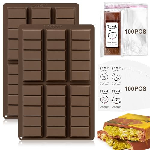 2 Stück Schokoladenform Silikon, Tiefe Schokoladenform Silikon mit 100 Transparente Tasche und 100 Dankeschön Aufkleber, Rechteckige Formen Backen zur Herstellung von Schokotafeln, Desserts