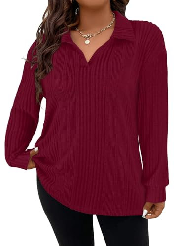 Gemulate Ladies Long Sleeve Tops Womens Plus Size Jumpers Ladies Lightweight Striped Sweater Sweatshirts Red XL