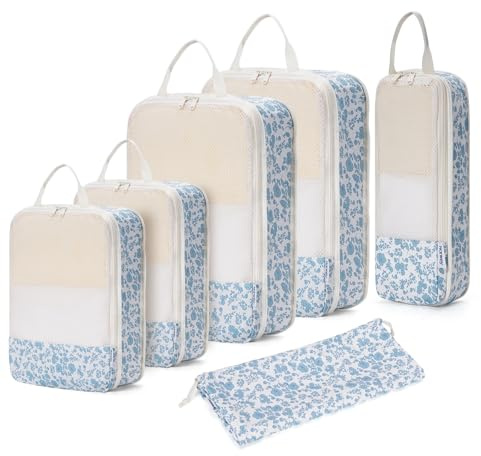 Narwey 6 Teilige Kompression Koffer Organizer, Compression Packing Cubes Backpack Koffer Organizer Set Kompression Packwürfel Rucksack, Kofferorganizer Travel Essentials for Damen (Kleine Blaue Blume)