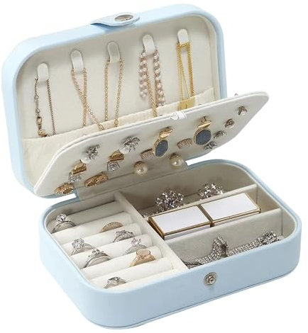 Guyode Boîte à bijoux en cuir - 16 x 11 x 5 cm - Portable - Boîte à bijoux de voyage - Pour ranger boucles d'oreilles, bagues, colliers et bracelets (bleu)