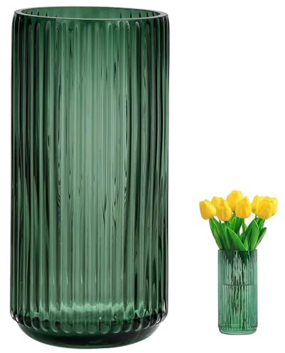 TEUYOE Premium Thickened Green Glass Vase, Ribbed Glass Flower Vase for Rustic Vases, Modern Decorative Jardiniere for Flowers, Vases for Decor, Ideal for Shelf, Living Room, Table Entryway Décor