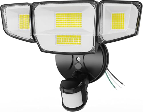 Luces LED de seguridad de 90 W 10000 lm, con sensor de movimiento para exteriores, 4 cabezas de atardecer hasta el amanecer, luces de inundación de luz diurna de 6500 K, sensor de movimiento para