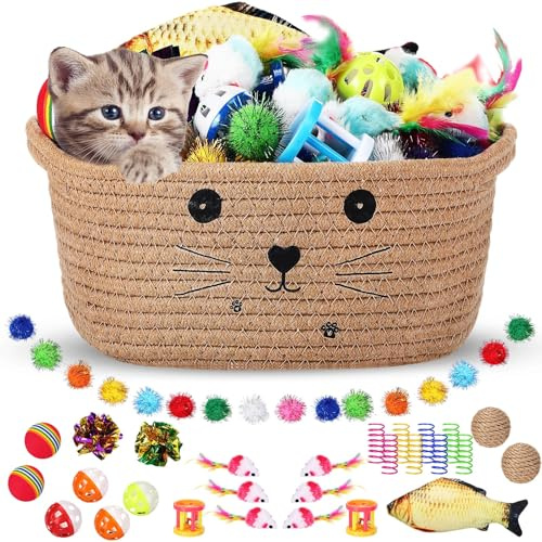 Zopeal 58 Pcs Mother’s Day Cat Storage Basket Gift Toys Set, Colorful Flashing Balls Pet Bell Crinkle Balls Spring Toys Attract Cat to Swat, Hunt, Interactive for Pet(Khaki,9.8 Inch)