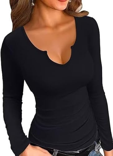 VICHYIE Maglietta Estiva da Donna, Casual, a Maniche Corte, a Coste, Sexy, Scollo a V, Nero, L
