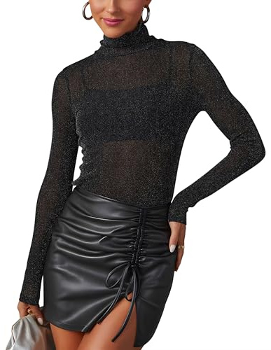 Donna Top in Rete Trasparente con Glitter Maglietta Trasparente a Maniche Lunghe Sexy Top, Nero , M