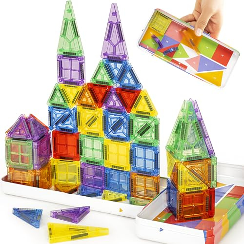cossy Mini magnetiska byggklossar, 60 st magnetiska byggklossar, resekit med metalllåda, magnetspel för barn, magnetiska plattor för pojkar och flickor från 3+ år