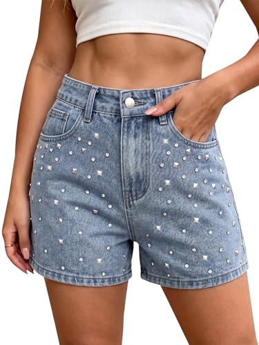 Aunribor Short en Jean Décontracté Femme à Strass Scintillants Regular Fit