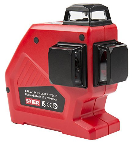 STIER Kreuzlinienlaser 3 x 360° Linien, 2 vertikale und 1 rote horizontale Linie, Lasermessgerät, Arbeitsbereich 30 m, Genauigkeit ± 0,2 mm/m, inkl. Aufbewahrungstasche