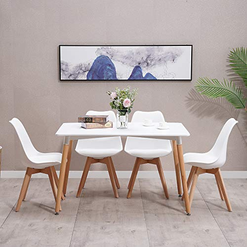 HomJoy Dining Table and 4 Chairs Set, Modern Design PU Seat Lounge Chair and White Rectangular Kitchen Table with Solid Wood Legs (White * 4 + 120cm)