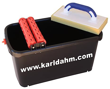 Karl Dahm Kit de lavage spécial pour carrelage I Outil de carreleur avec seau de 23 litres + 2 rouleaux de lavage à picots et planche éponge 12 x 28 cm – 11433