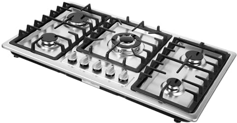 5 Burners Built in Gas Stovetop Cooker Gas Range Portable Stainless Steel Cooktop LPG/NG Dual Fuel Cast Iron Grate Gas Stove Kitchen Cooking Stove for Home RV Outdoor Apartment Silver(33.85x19.68Inch)