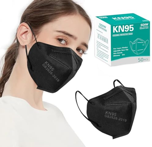SDIW 50PCS KN95 Face Masks Black 5 Layer Cup Dust Safety Filter Efficiency≥95% with Elastic Ear Loops and Nose Bridge Clip Breathable Mask