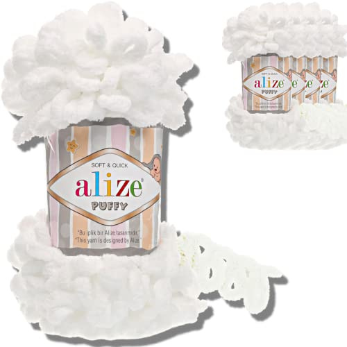 Alize 5 x 100 g puffy turkisk ull, superBulky chenillegarn, gosigt mjukt babyull, handstickgarn för virkning, mjukt chenillegarn, XXL-nystan för amigurumi (vit | 55)