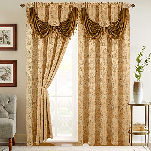 Elegant Comfort 2 Rideaux Jacquard avec cantonnière Cascade Fixe,137 x 213 cm, doré/Caramel
