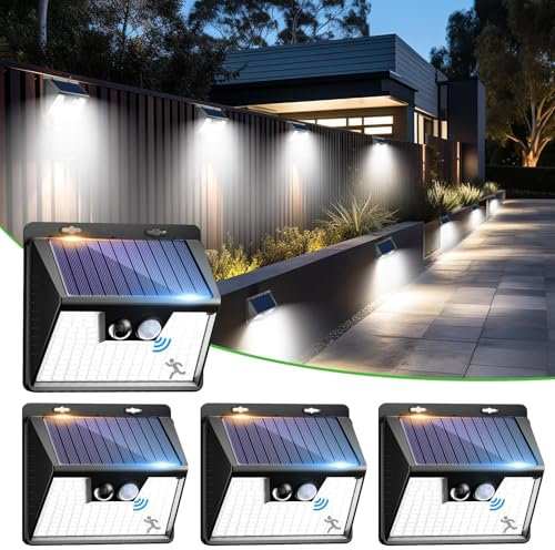 nipify Solar Lights Outdoor Motion Sensor, 4 Pack 140LED 3 Modes IP65 Waterproof Durable Solar Powered Wall Lights for Outside Garden Fence Yard Garage