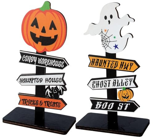 AWAVM Halloween Table Decorations Set of 2 Wooden Pumpkin Ghosts Gravestones for Halloween Party