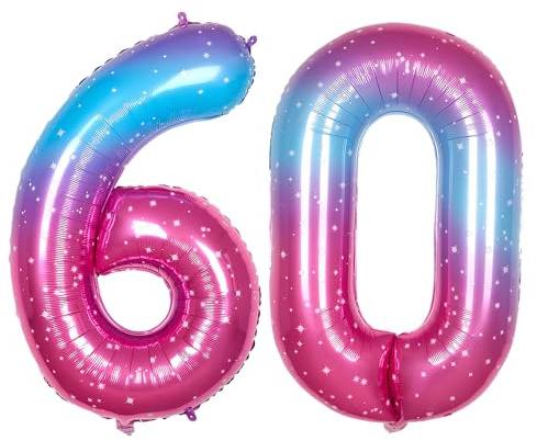 Ponmoo 40 inches Foil Balloons Numbers 60 Pink-Blue Gradient (101cm), Inflatable Helium or Air, Giant Balloon Number 0-9, 10-100, Grand Balloons for Anniversary Wedding Birthday Party Decoration