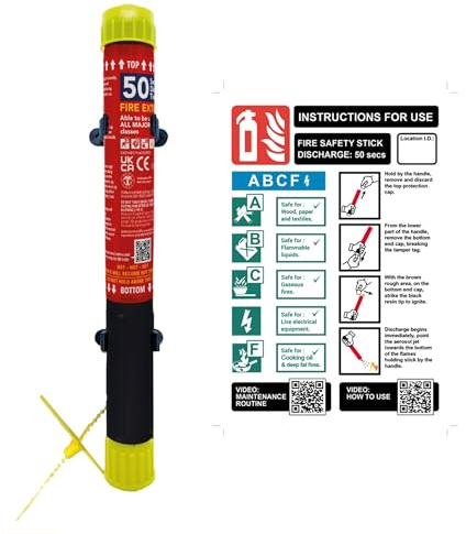 Fire Safety Stick - FSS50-HR - Holiday Rental Property Edition (Fire Extinguisher A, B, C, F & Electrical fires - 50 Seconds Discharge, with vinyl wall sign, No Damaging Mess, 15 year Shelf life)