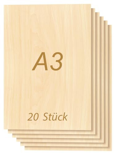 Tocome Lot de 20 contreplaqué A3 en tilleul 420 x 297 x 3 mm - Compatible avec le laser - Plaque de contreplaqué de 3 mm - Bois de tilleul - Pour laser