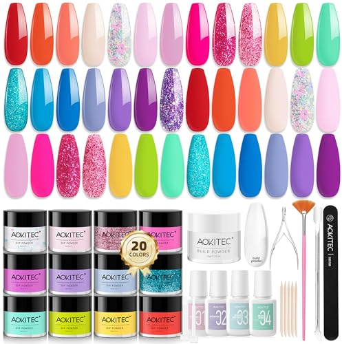 Aokitec 36 PCS Dip Powder Nail Kit - 21 SummerColours Nail Dipping Powder Kit with Dip Base Activator Top Coat Brush Saver for French Manicure Starters, Gift Sets for Women & Girls
