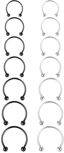 Yolev 14 Stück Hufeisenringe Chirurgenstahl 6-14 mm Septum Piercing Hufeisen Piercing Edelstahl Fake Nasenpiercing Augenbrauen Ohrringe Lippen Nasenring für Frauen Männer (Schwarz, Silber)