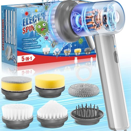 Limpiador giratorio eléctrico recargable inalámbrico, 2 velocidades ajustables, diseño portátil y ligero, viene con 5 cabezales de cepillo intercambiables para dormitorio, cocina, fregadero, suelo,