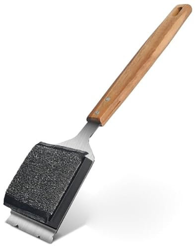 Cepillo para parrilla de hierro fundido con raspador de acero inoxidable, cepillo para barbacoa con 1 cabezal de cepillo de repuesto y mango largo de madera, el mejor accesorio para barbacoa de gas