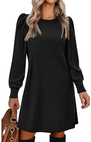 Zeagoo Jumper Dresses Lightweight Puff Long Sleeve Knitted Dresses with Pockets Casual Tunic Dress for Fall Winter Black S