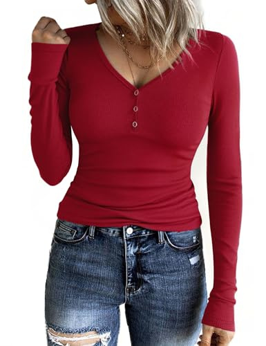 Aottori Camiseta de Mujer Manga Larga Acanalado Elástico Detalle de Botones | Cuello V, Corte Ajustado, Estilo Elegante, Forma de Túnica, Comodidad Flexible, Ideal para Capas