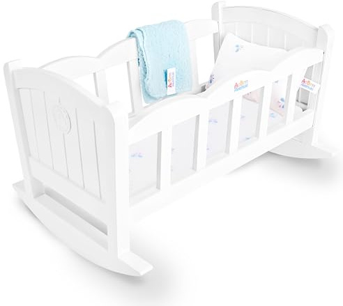 Acorn Avenue Baby Doll Crib Rocking Bed, Doll Furniture Cradle with Bedding, Wooden Style Nursery Toy for 18 Inch Dolls