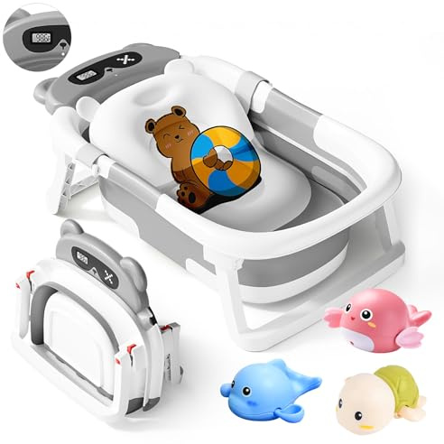 Bizcasa Faltbar Baby Badewanne Mit Rutschfestem Badekissen & Badethermometer, Portable Baby Bathtub, Temperaturempfindlichem Ablassventil, Geburtsgeschenke Für Mädchen & Jungen (Grau - Bär)
