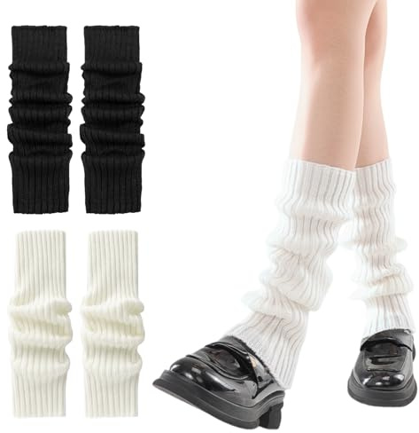 2 paia di scaldamuscoli da donna, scaldamuscoli da 40 cm, per bambine e ragazze, costume da balletto, Y2K, alla moda, scaldamuscoli invernali, a maglia, vintage (nero, bianco)