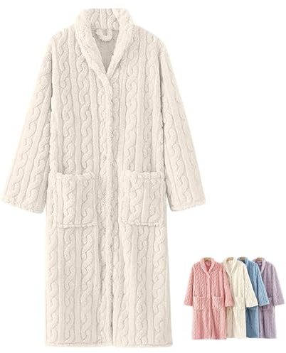 LLIDDAMES Albornoz Mujer Bata Larga de Felpa para Mujer Bata de Baño de Forro Polar Grueso Jacquard con Botones y Bolsillos para Invierno otoño Descanso SPA cómoda Ropa para el hogar(White,L)